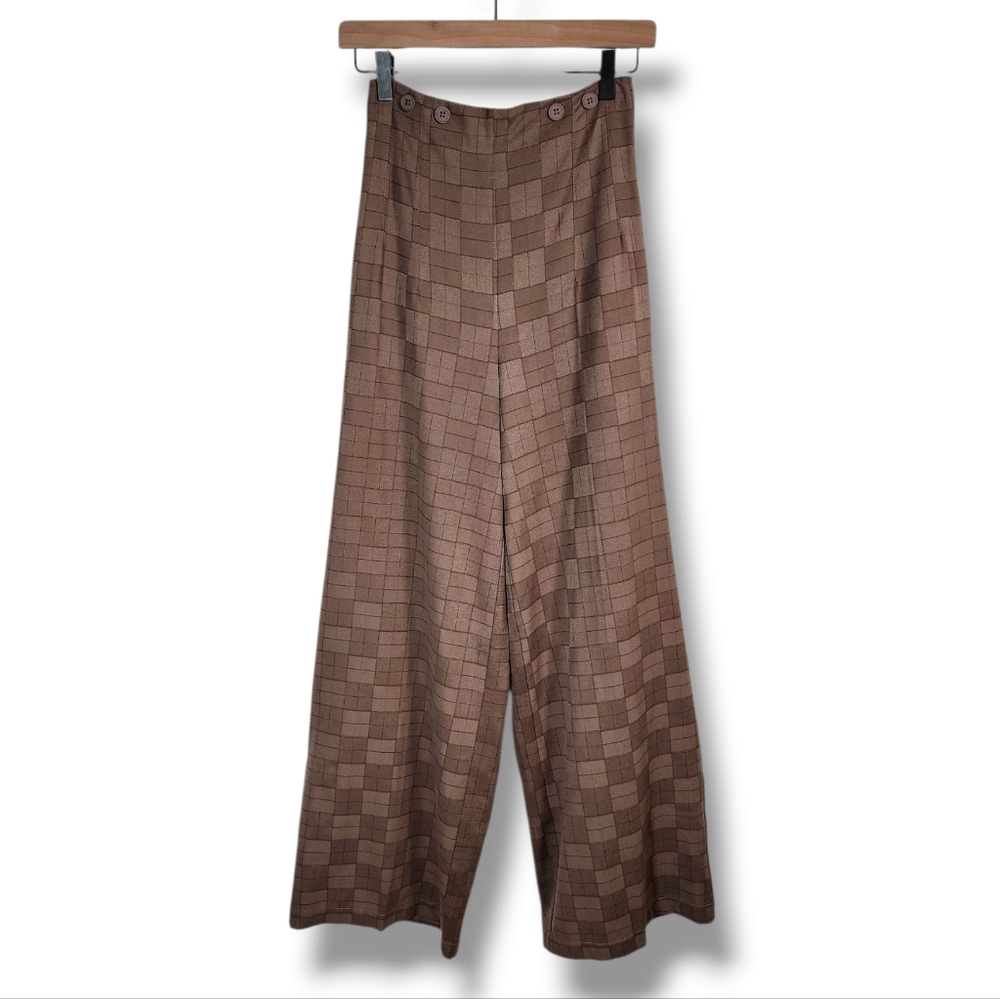 Unique Vintage Brown Checked Retro Inspired High Waisted Lightweight Pants XS